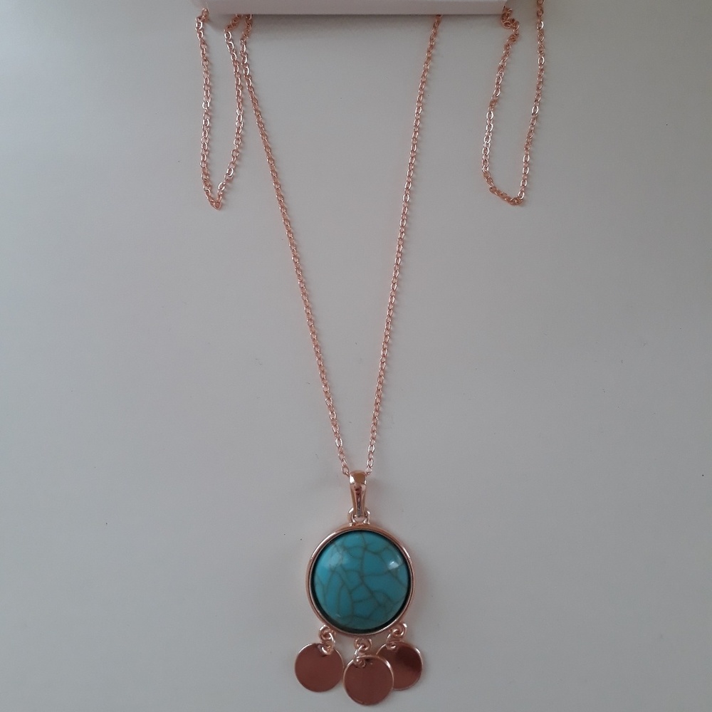 Rose Gold Turquoise Mid Length Charm Necklace - Picture 3 of 7